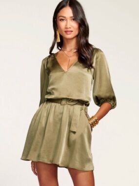Ramy Brook Olive Satin V-Neck Mini Dress